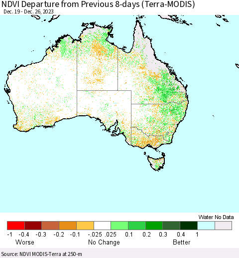 Australia NDVI Departure from Previous 8-days (Terra-MODIS) Thematic Map For 12/19/2023 - 12/26/2023
