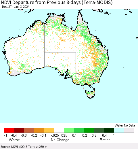 Australia NDVI Departure from Previous 8-days (Terra-MODIS) Thematic Map For 12/27/2023 - 1/3/2024