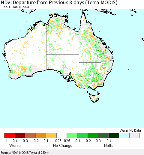 Australia NDVI Departure from Previous 8-days (Terra-MODIS) Thematic Map For 1/1/2024 - 1/8/2024