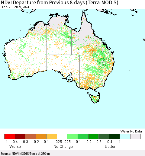 Australia NDVI Departure from Previous 8-days (Terra-MODIS) Thematic Map For 2/2/2024 - 2/9/2024