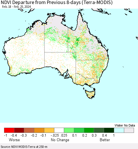 Australia NDVI Departure from Previous 8-days (Terra-MODIS) Thematic Map For 2/18/2024 - 2/25/2024