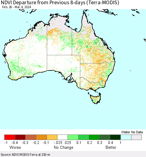 Australia NDVI Departure from Previous 8-days (Terra-MODIS) Thematic Map For 2/26/2024 - 3/4/2024