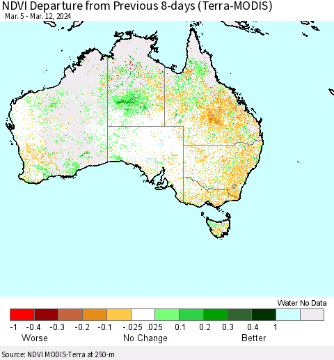 Australia NDVI Departure from Previous 8-days (Terra-MODIS) Thematic Map For 3/5/2024 - 3/12/2024