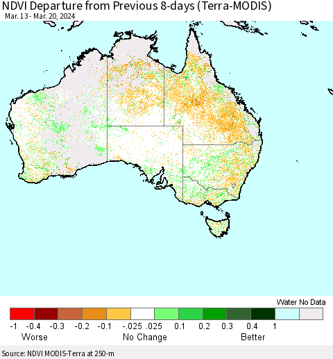 Australia NDVI Departure from Previous 8-days (Terra-MODIS) Thematic Map For 3/13/2024 - 3/20/2024