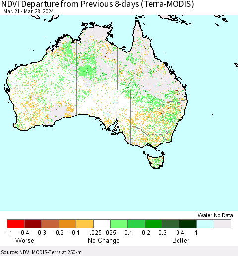 Australia NDVI Departure from Previous 8-days (Terra-MODIS) Thematic Map For 3/21/2024 - 3/28/2024