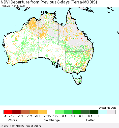 Australia NDVI Departure from Previous 8-days (Terra-MODIS) Thematic Map For 3/29/2024 - 4/5/2024