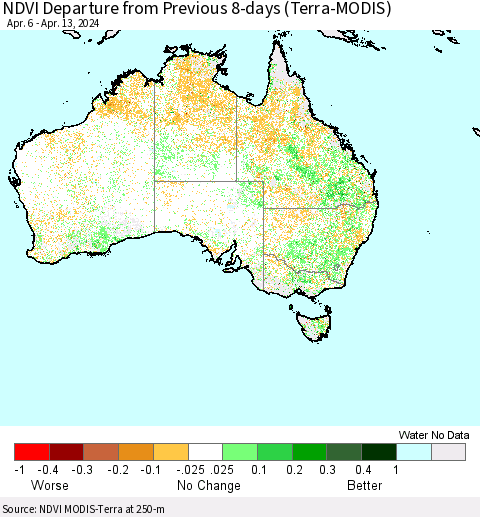 Australia NDVI Departure from Previous 8-days (Terra-MODIS) Thematic Map For 4/6/2024 - 4/13/2024