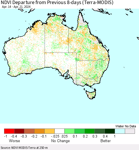 Australia NDVI Departure from Previous 8-days (Terra-MODIS) Thematic Map For 4/14/2024 - 4/21/2024