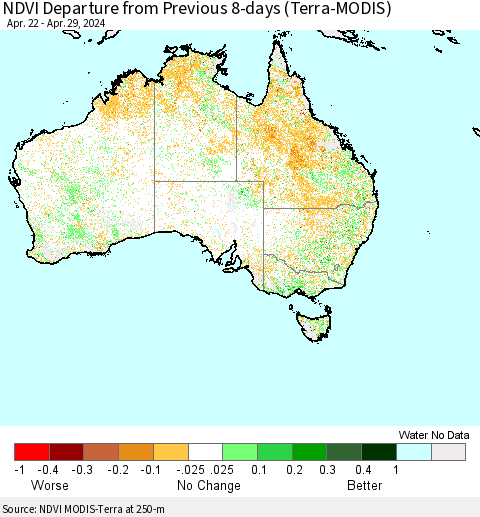Australia NDVI Departure from Previous 8-days (Terra-MODIS) Thematic Map For 4/22/2024 - 4/29/2024