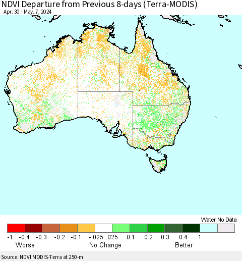 Australia NDVI Departure from Previous 8-days (Terra-MODIS) Thematic Map For 4/30/2024 - 5/7/2024