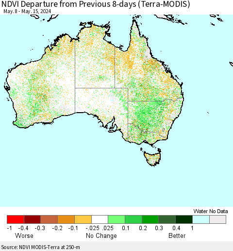 Australia NDVI Departure from Previous 8-days (Terra-MODIS) Thematic Map For 5/8/2024 - 5/15/2024