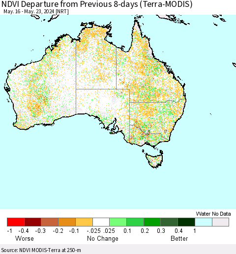 Australia NDVI Departure from Previous 8-days (Terra-MODIS) Thematic Map For 5/16/2024 - 5/23/2024