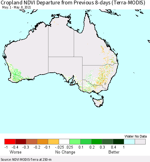 Australia Cropland NDVI Departure from Previous 8-days (Terra-MODIS) Thematic Map For 5/1/2021 - 5/8/2021