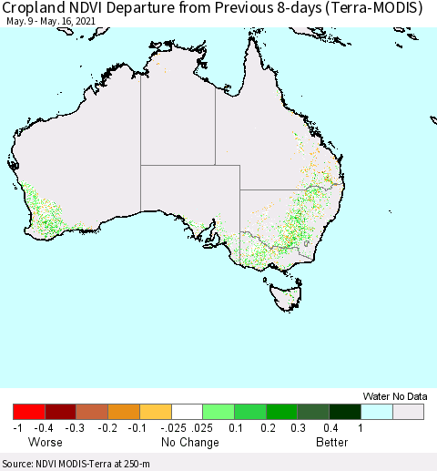 Australia Cropland NDVI Departure from Previous 8-days (Terra-MODIS) Thematic Map For 5/9/2021 - 5/16/2021