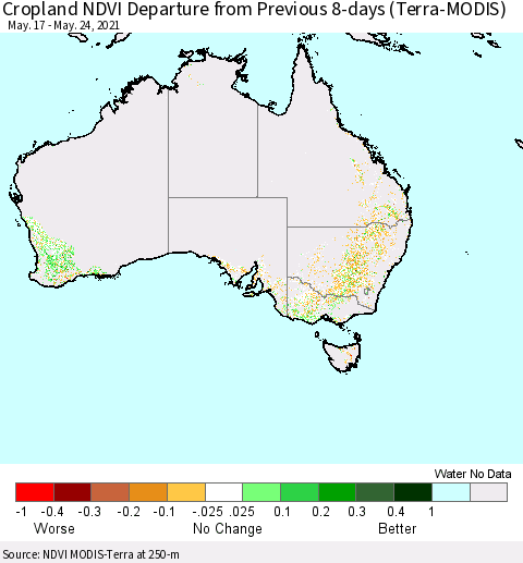 Australia Cropland NDVI Departure from Previous 8-days (Terra-MODIS) Thematic Map For 5/17/2021 - 5/24/2021