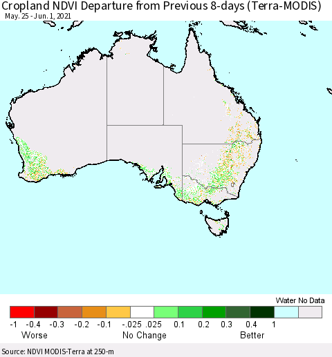 Australia Cropland NDVI Departure from Previous 8-days (Terra-MODIS) Thematic Map For 5/25/2021 - 6/1/2021