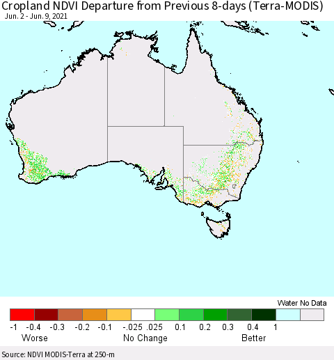 Australia Cropland NDVI Departure from Previous 8-days (Terra-MODIS) Thematic Map For 6/2/2021 - 6/9/2021