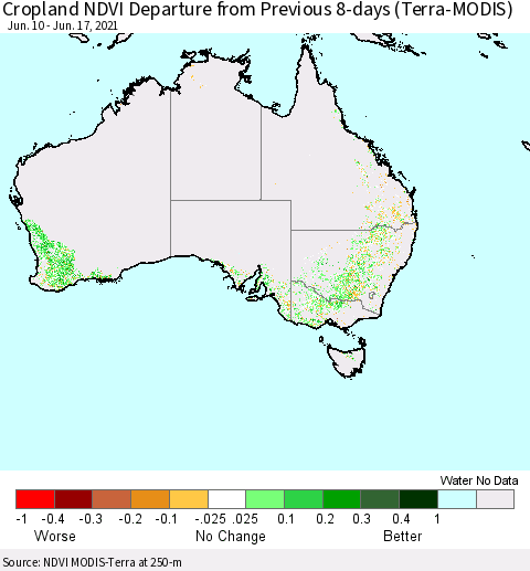 Australia Cropland NDVI Departure from Previous 8-days (Terra-MODIS) Thematic Map For 6/10/2021 - 6/17/2021