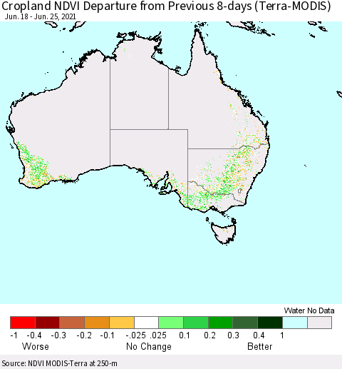 Australia Cropland NDVI Departure from Previous 8-days (Terra-MODIS) Thematic Map For 6/18/2021 - 6/25/2021