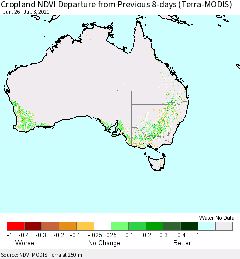 Australia Cropland NDVI Departure from Previous 8-days (Terra-MODIS) Thematic Map For 6/26/2021 - 7/3/2021