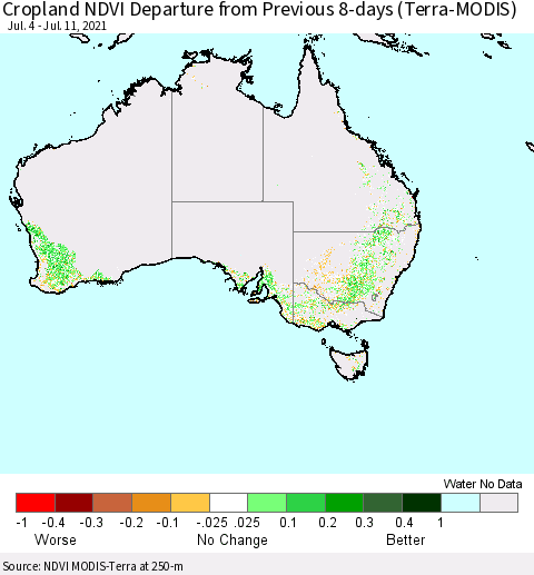 Australia Cropland NDVI Departure from Previous 8-days (Terra-MODIS) Thematic Map For 7/4/2021 - 7/11/2021