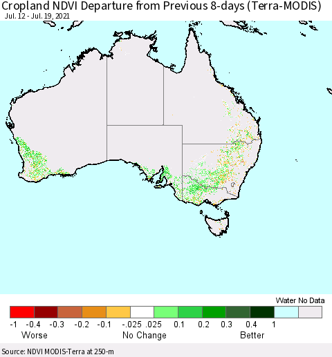 Australia Cropland NDVI Departure from Previous 8-days (Terra-MODIS) Thematic Map For 7/12/2021 - 7/19/2021