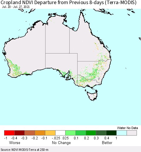 Australia Cropland NDVI Departure from Previous 8-days (Terra-MODIS) Thematic Map For 7/20/2021 - 7/27/2021