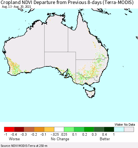 Australia Cropland NDVI Departure from Previous 8-days (Terra-MODIS) Thematic Map For 8/13/2021 - 8/20/2021