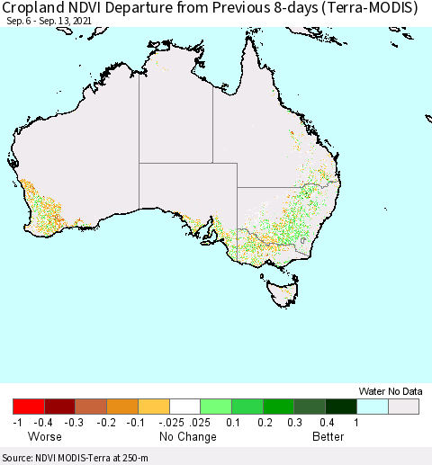 Australia Cropland NDVI Departure from Previous 8-days (Terra-MODIS) Thematic Map For 9/6/2021 - 9/13/2021
