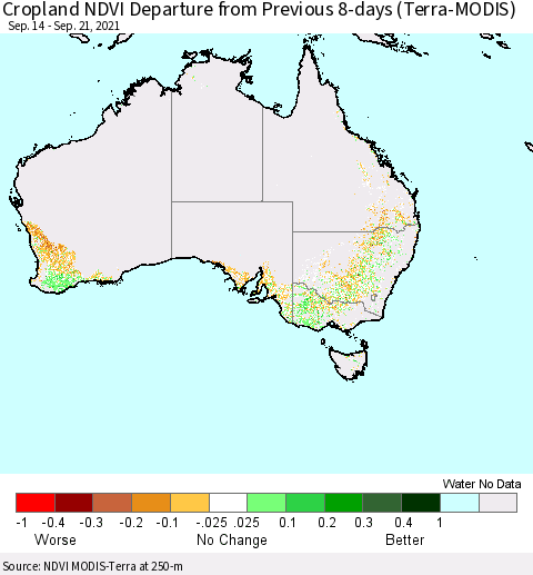 Australia Cropland NDVI Departure from Previous 8-days (Terra-MODIS) Thematic Map For 9/14/2021 - 9/21/2021