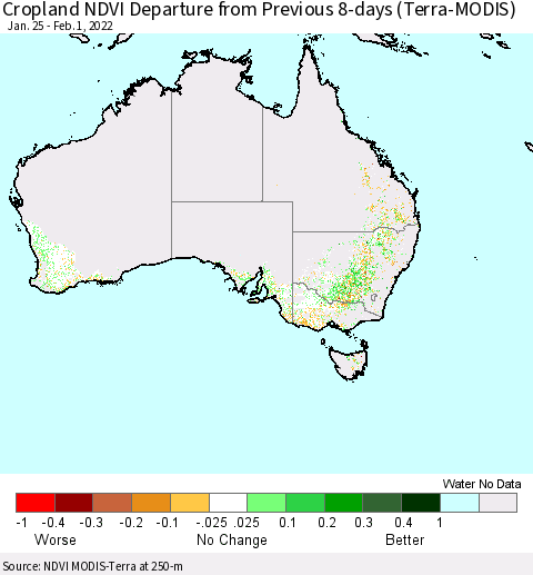 Australia Cropland NDVI Departure from Previous 8-days (Terra-MODIS) Thematic Map For 1/25/2022 - 2/1/2022