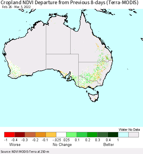 Australia Cropland NDVI Departure from Previous 8-days (Terra-MODIS) Thematic Map For 2/26/2022 - 3/5/2022