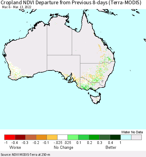 Australia Cropland NDVI Departure from Previous 8-days (Terra-MODIS) Thematic Map For 3/6/2022 - 3/13/2022
