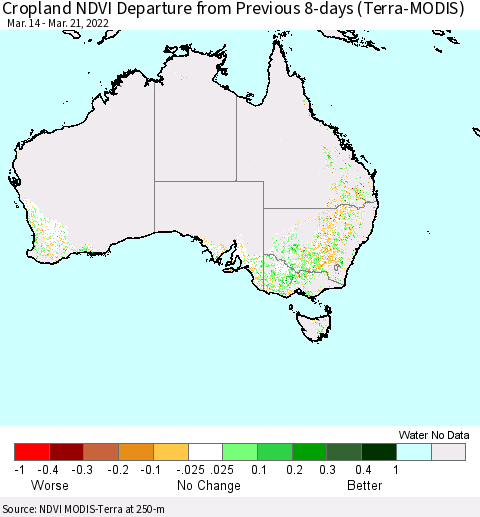 Australia Cropland NDVI Departure from Previous 8-days (Terra-MODIS) Thematic Map For 3/14/2022 - 3/21/2022