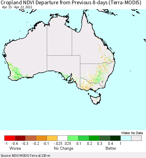 Australia Cropland NDVI Departure from Previous 8-days (Terra-MODIS) Thematic Map For 4/15/2022 - 4/22/2022