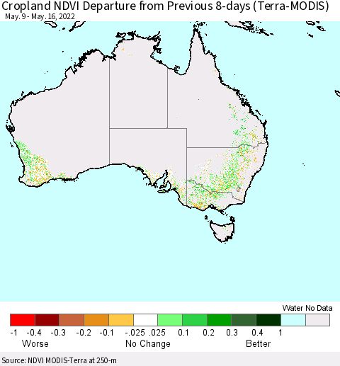 Australia Cropland NDVI Departure from Previous 8-days (Terra-MODIS) Thematic Map For 5/9/2022 - 5/16/2022