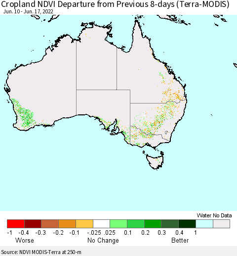 Australia Cropland NDVI Departure from Previous 8-days (Terra-MODIS) Thematic Map For 6/10/2022 - 6/17/2022