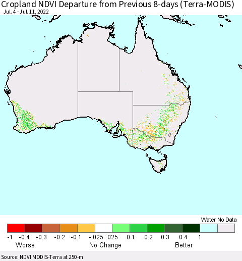 Australia Cropland NDVI Departure from Previous 8-days (Terra-MODIS) Thematic Map For 7/4/2022 - 7/11/2022