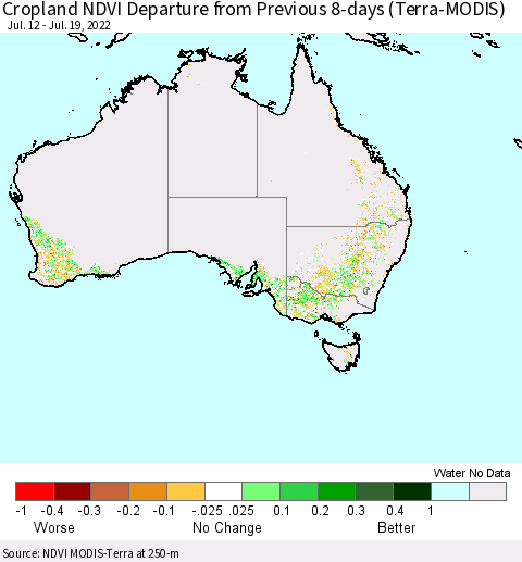 Australia Cropland NDVI Departure from Previous 8-days (Terra-MODIS) Thematic Map For 7/12/2022 - 7/19/2022