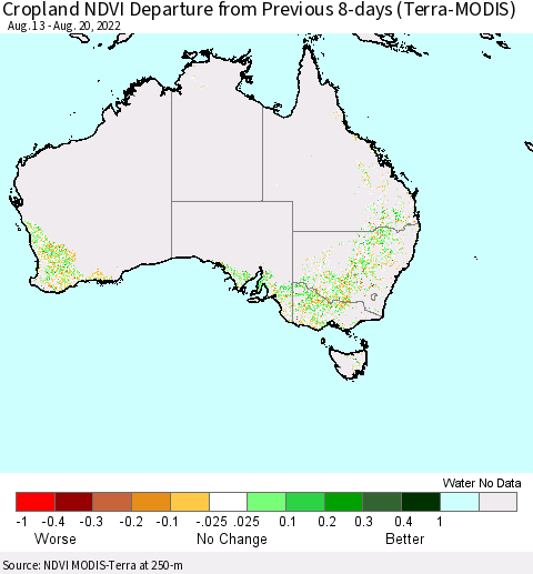 Australia Cropland NDVI Departure from Previous 8-days (Terra-MODIS) Thematic Map For 8/13/2022 - 8/20/2022