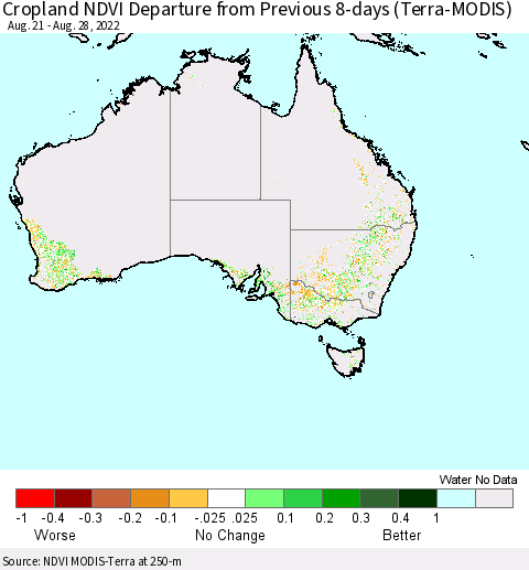 Australia Cropland NDVI Departure from Previous 8-days (Terra-MODIS) Thematic Map For 8/21/2022 - 8/28/2022