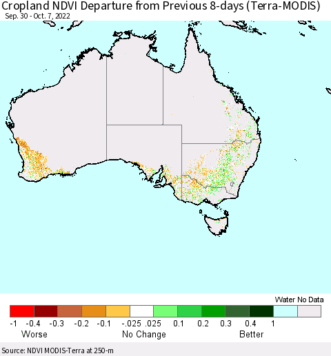 Australia Cropland NDVI Departure from Previous 8-days (Terra-MODIS) Thematic Map For 9/30/2022 - 10/7/2022