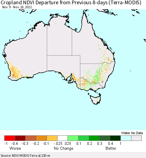 Australia Cropland NDVI Departure from Previous 8-days (Terra-MODIS) Thematic Map For 11/9/2022 - 11/16/2022