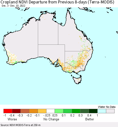 Australia Cropland NDVI Departure from Previous 8-days (Terra-MODIS) Thematic Map For 12/3/2022 - 12/10/2022