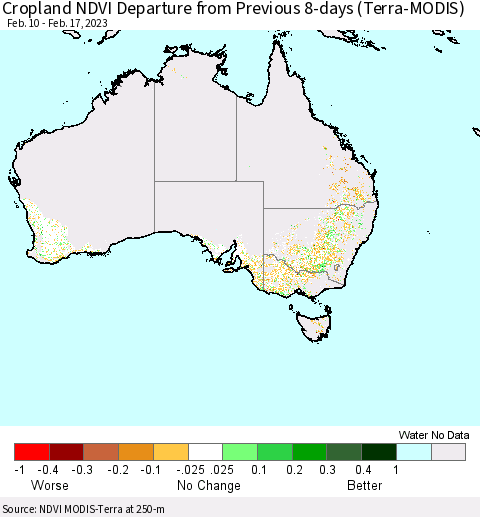 Australia Cropland NDVI Departure from Previous 8-days (Terra-MODIS) Thematic Map For 2/10/2023 - 2/17/2023
