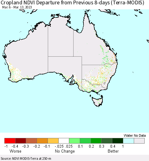 Australia Cropland NDVI Departure from Previous 8-days (Terra-MODIS) Thematic Map For 3/6/2023 - 3/13/2023