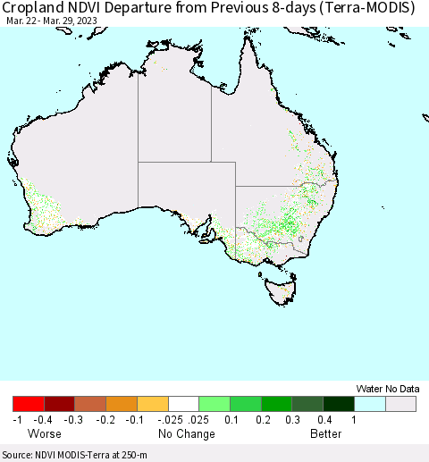 Australia Cropland NDVI Departure from Previous 8-days (Terra-MODIS) Thematic Map For 3/22/2023 - 3/29/2023