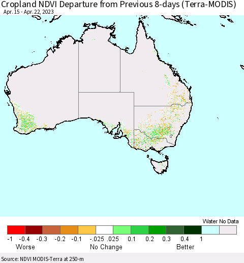 Australia Cropland NDVI Departure from Previous 8-days (Terra-MODIS) Thematic Map For 4/15/2023 - 4/22/2023