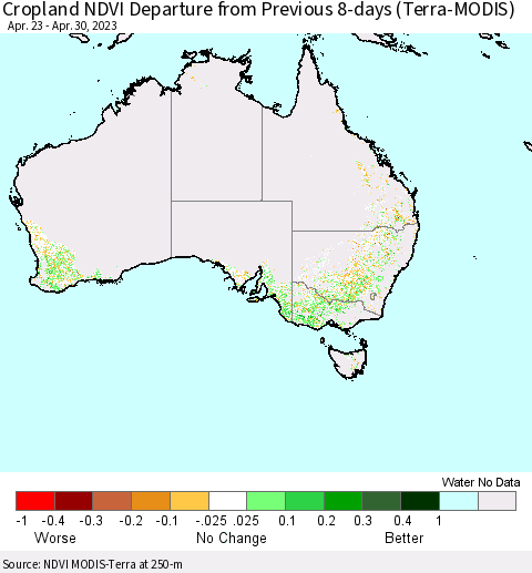 Australia Cropland NDVI Departure from Previous 8-days (Terra-MODIS) Thematic Map For 4/23/2023 - 4/30/2023