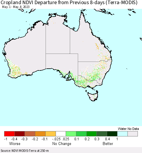 Australia Cropland NDVI Departure from Previous 8-days (Terra-MODIS) Thematic Map For 5/1/2023 - 5/8/2023